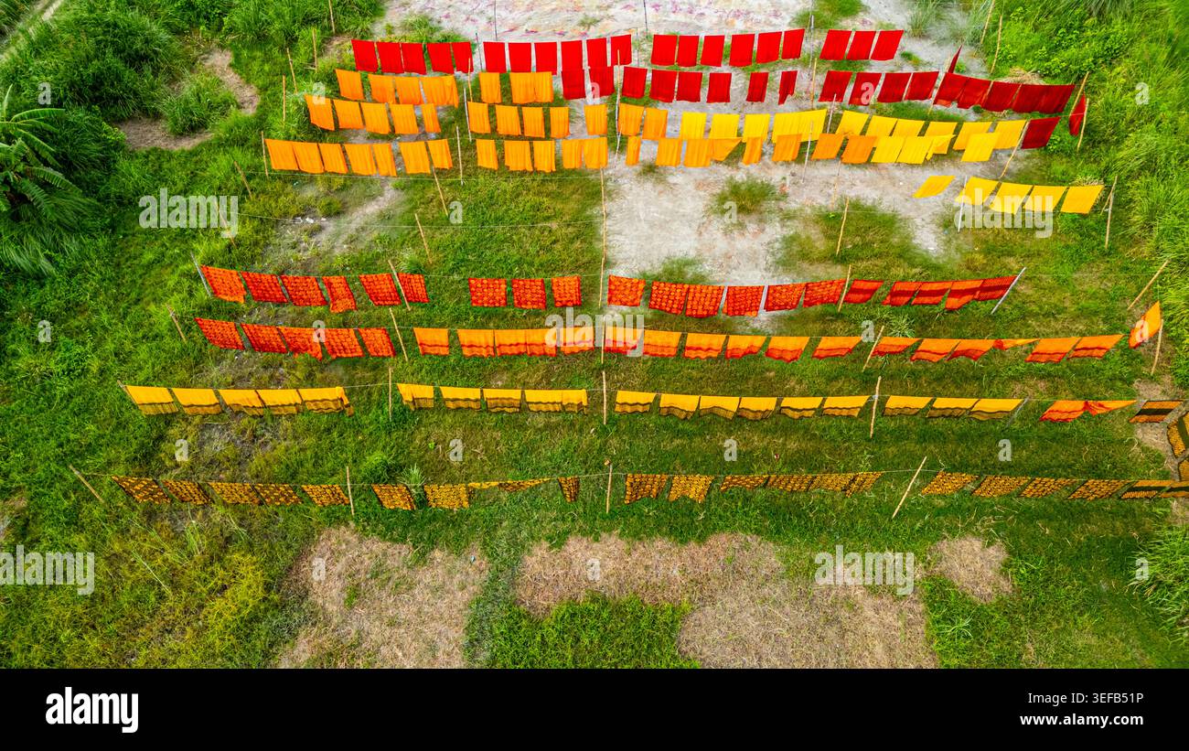 Stoffa appena tinta che si asciuga sotto il sole nel villaggio di Araihazar in Bangladesh, sfoggiando colori vivaci Foto Stock
