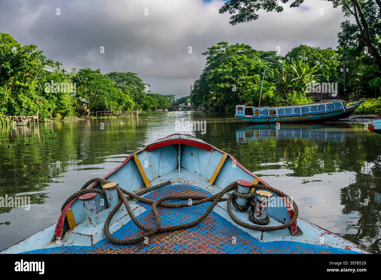 La barca viaggia lungo il corso d'acqua a Barishal in Bangladesh, con alberi verdi sulle rive Foto Stock