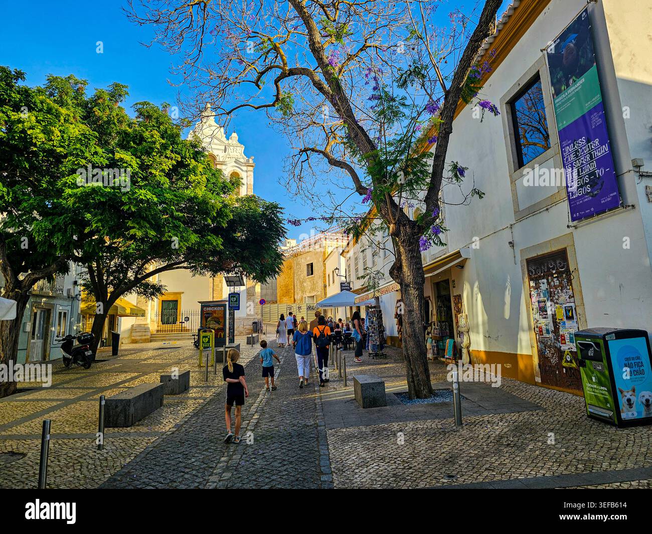 La gente cammina lungo una strada acciottolata nel centro storico di Lagos, Algarve, Portogallo, in una giornata di sole con alberi che fiancheggiano il sentiero Foto Stock