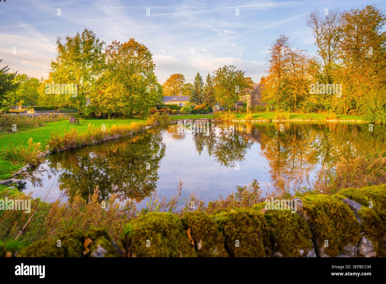 Riflessioni nel laghetto del villaggio di Monyash durante l'autunno a Bakewell, Derbyshire Peak District, Inghilterra Foto Stock