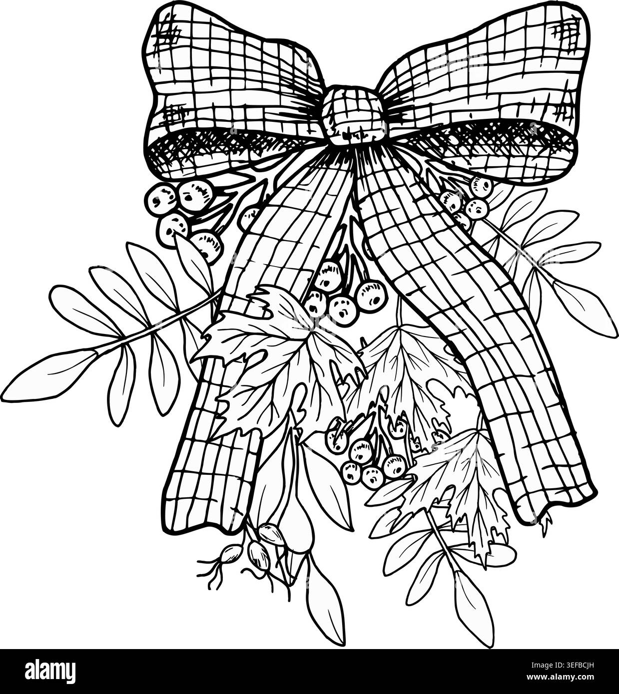 Fiocchi di rosa, bacche di rowan e foglie d'acero. Illustrazione del vettore botanico disegnata a mano. Grafica nera. Bouquet autunnale per le vacanze stagionali Illustrazione Vettoriale