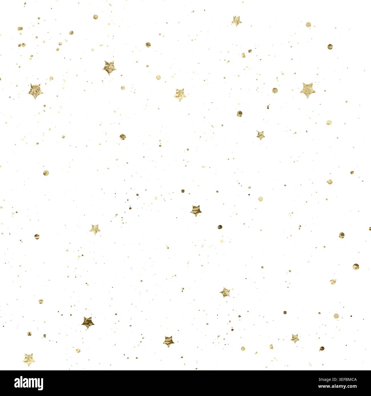 Stelle e coriandoli glitter dorati sparsi su sfondo bianco. Illustrazione della texture scintillante delle feste Illustrazione Vettoriale