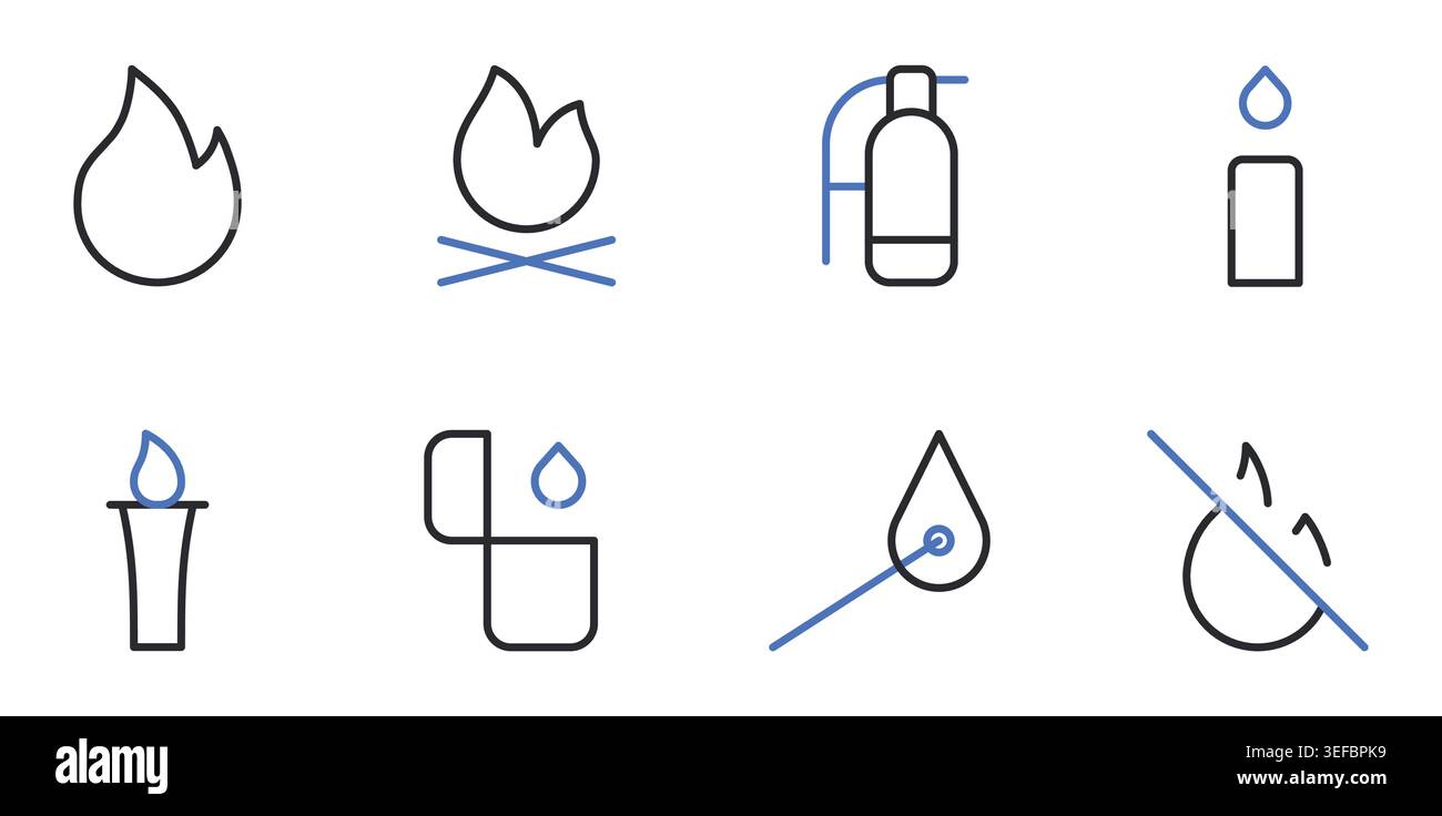 Le icone antincendio e di sicurezza impostano un'illustrazione vettoriale della linea di traccia modificabile. Illustrazione Vettoriale