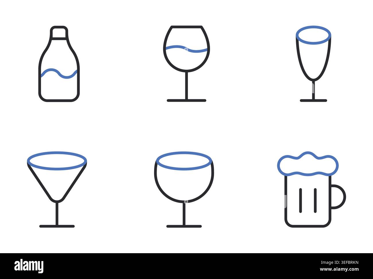 Le icone vino e bevande alcoliche impostano un'illustrazione vettoriale della linea del tratto modificabile. Illustrazione Vettoriale