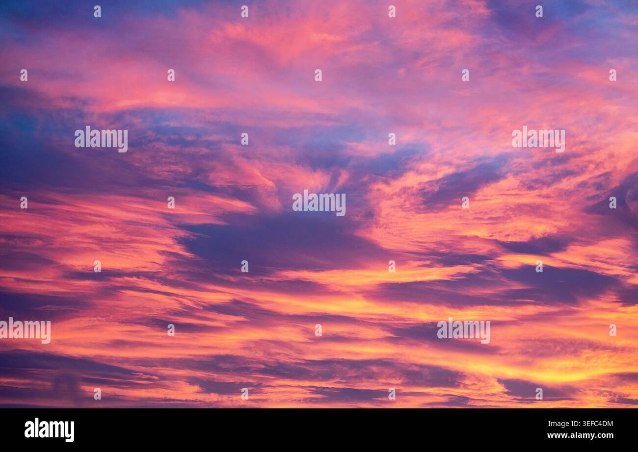 I cieli dei tramonti rosa e viola colorano l'orizzonte del Regno Unito, creando uno sfondo vibrante perfetto per l'ispirazione dei viaggi. Foto Stock