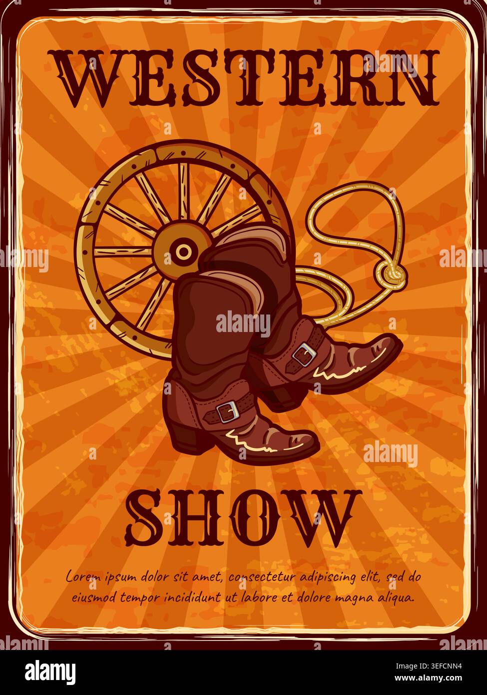 Poster WESTERN. Stivali in pelle da cowboy dal design vintage, ruota da carro e lazo sullo sfondo del sole, banner pubblicitario per eventi di intrattenimento del selvaggio West. Illustrazione isolata vettoriale Illustrazione Vettoriale