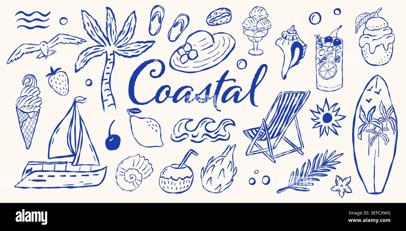 Icone costiere disegnate a mano come sdraio, conchiglie e barche a vela Illustrazione Vettoriale