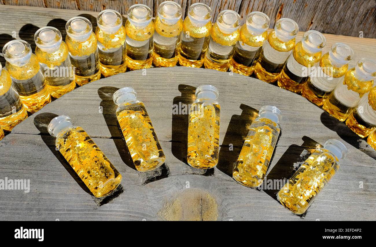 Autentici fiocchi d'oro della Lapponia in fiale di vetro in miniatura che rappresentano investimenti in metallo prezioso e beni materiali fisici Foto Stock