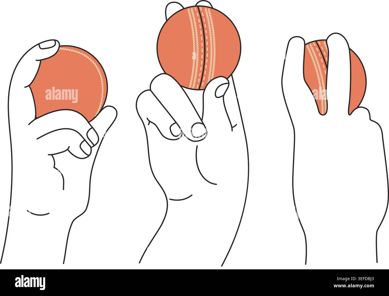 Set di impugnature per bowling a cricket. La mano professionale della sfera rossa posiziona la vista anteriore e posteriore laterale. Atleta di pelle bianca. Illustrazione vettoriale minimalista. Isolato Illustrazione Vettoriale