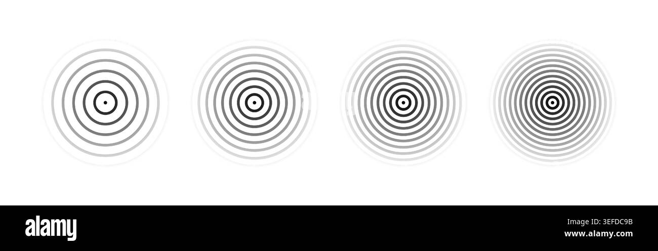 Dolore dell'onda circolare. Icona Ripple audio. Impulso effetto nero isolato su sfondo bianco. Icona ecografica. Suono di concentrazione. Motivo arrotondato. Effetto Illustrazione Vettoriale
