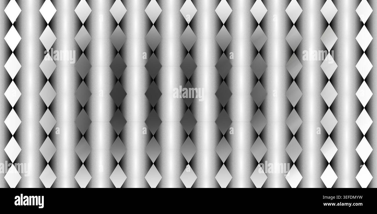 Un motivo in scala di grigi con colonne a gradiente verticale e una griglia di forme a rombo, che crea un sottile effetto di profondità e illusione ottica. Foto Stock