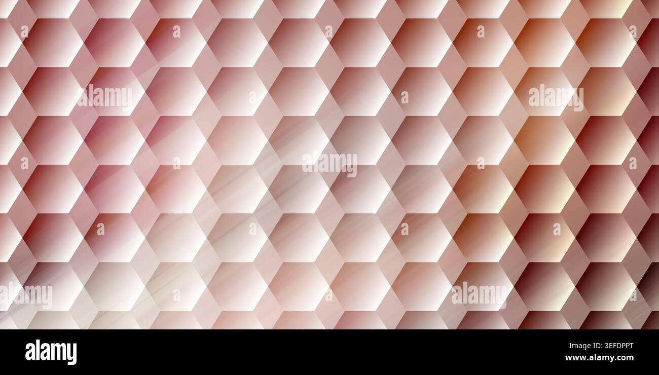 Un moderno sfondo astratto caratterizzato da una ripetizione di piastrelle esagonali 3D con effetti di luce rosa tenue e gradiente caldo. Foto Stock