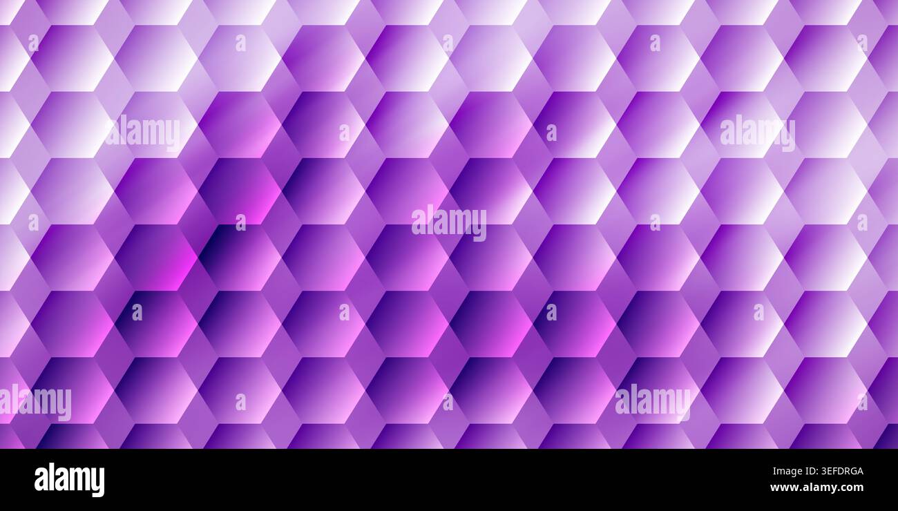 Un elegante sfondo viola con un motivo geometrico a piastrelle esagonali 3D che mostra sfumature morbide e riflessi di luce. Foto Stock