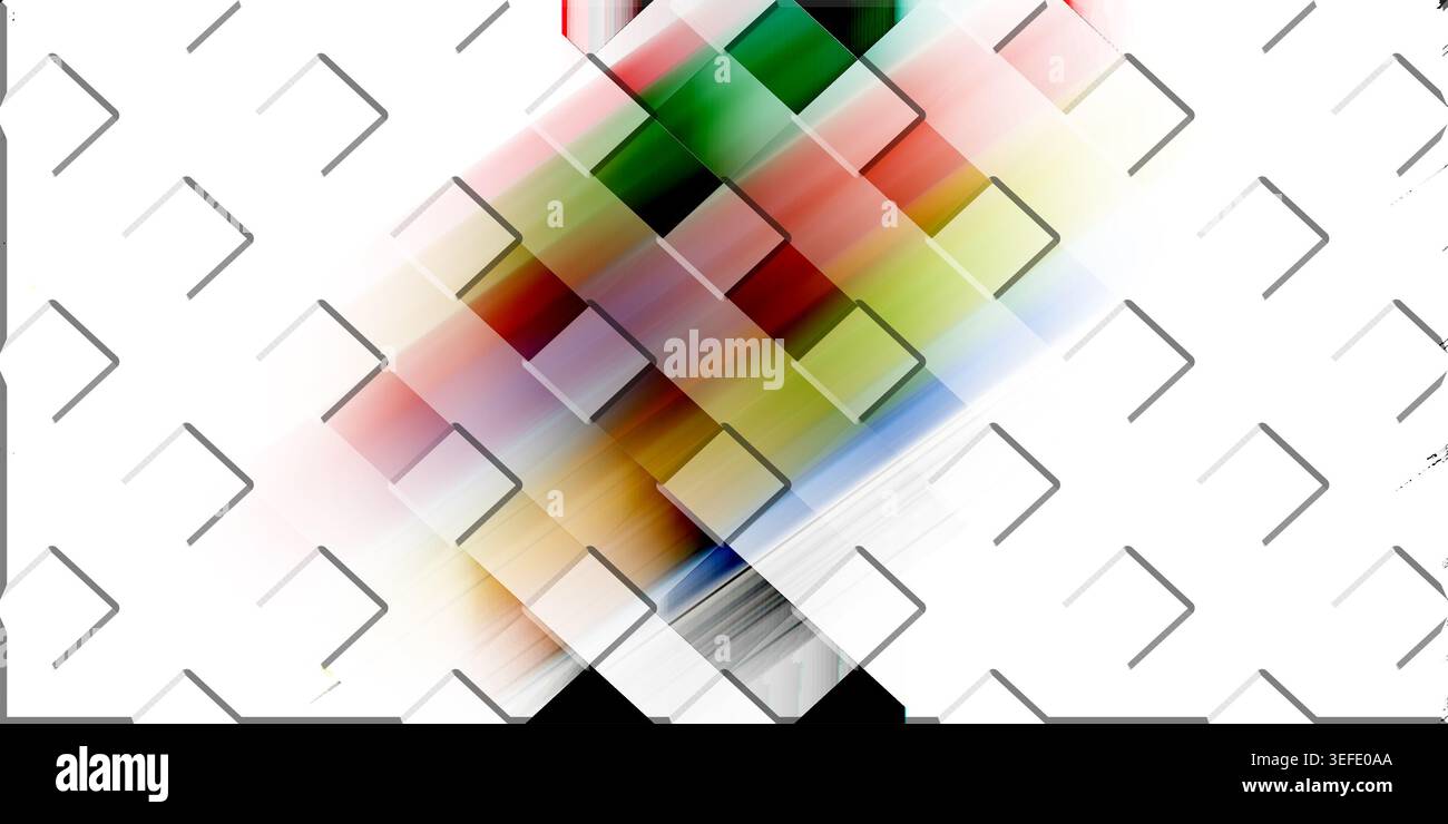 Sfondo astratto con una banda diagonale vibrante di quadrati e rettangoli sfocati e colorati, su uno sfondo bianco con una sottile geometria grigia Foto Stock
