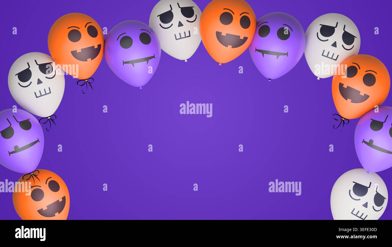 Banner con palloncini di Halloween. Palloncino con facce mostruose. illustrazione con rendering 3d. Foto Stock