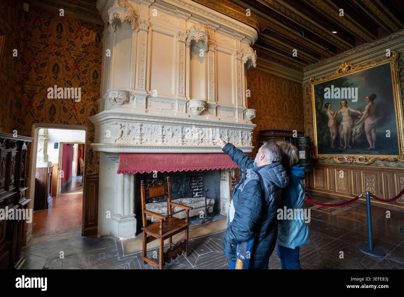 Camino in stile rinascimentale nel salotto di Francesco i all'Château de Chenonceau Foto Stock