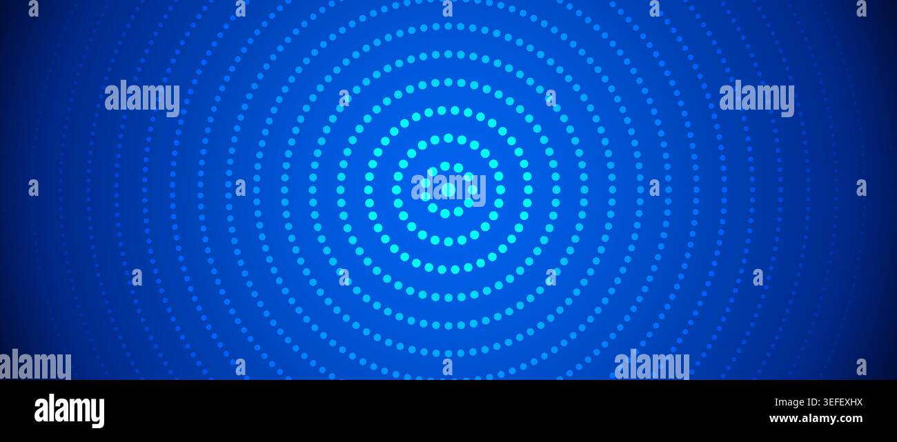 Sfondo cerchio concentrico blu neon. Onde epicentro in espansione punteggiate. Segnale acustico radiale o sfondo con vibrazione. Concetto di target tratteggiato, radar o effetto sonar. Carta da parati a gradiente freddo con ondulazione vettoriale Illustrazione Vettoriale