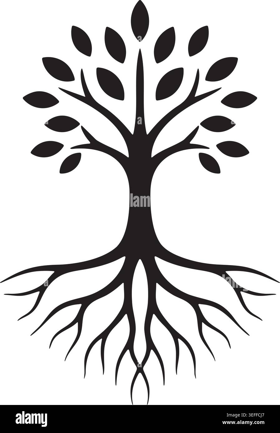 Semplice illustrazione di un albero nero con rami frondosi e radici aperte sotto il tronco. Illustrazione Vettoriale