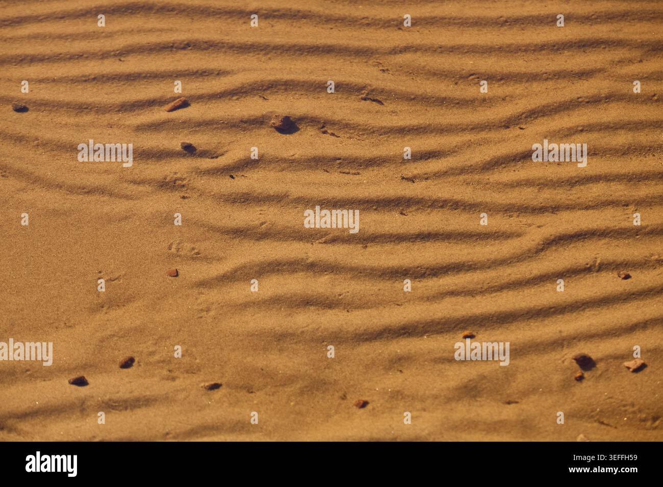 Sabbia in un lago che mostra increspature lasciate dal movimento dell'acqua Foto Stock