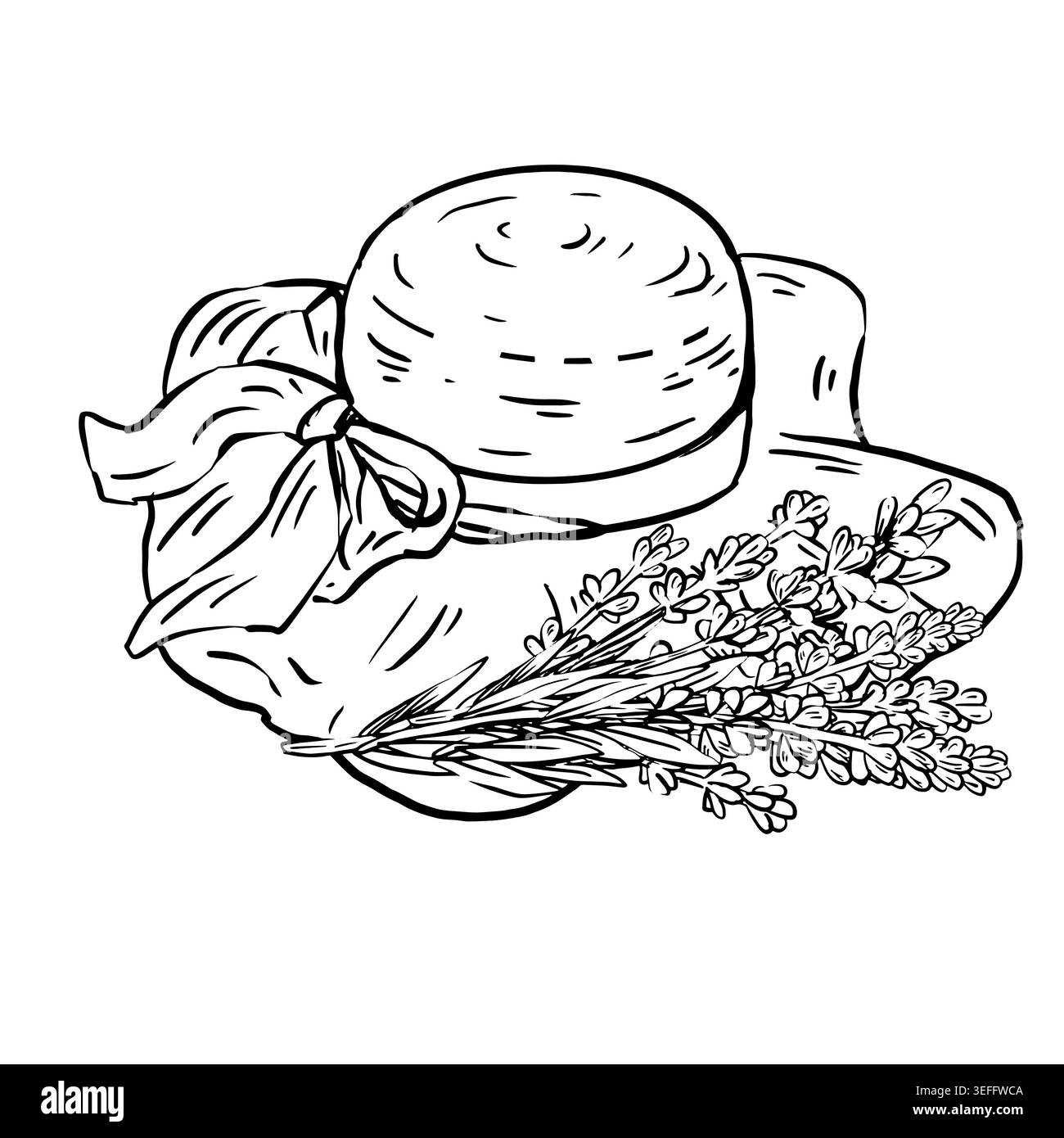 Linee in bianco e nero vettoriale di un cappello di paglia con fiocco a nastro e bouquet di lavanda sul bordo. Illustrazione minimalista per il marchio Provence Illustrazione Vettoriale
