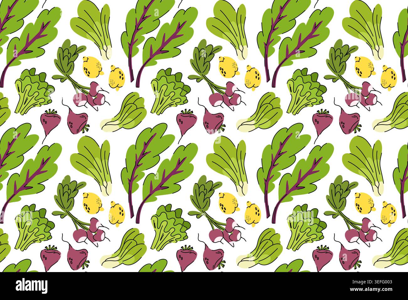 Vegetazione senza cuciture con foglie verdi di bietola, limone, ravanello, barbabietola e insalate, prodotti del mercato locale per la dieta mediterranea Illustrazione Vettoriale
