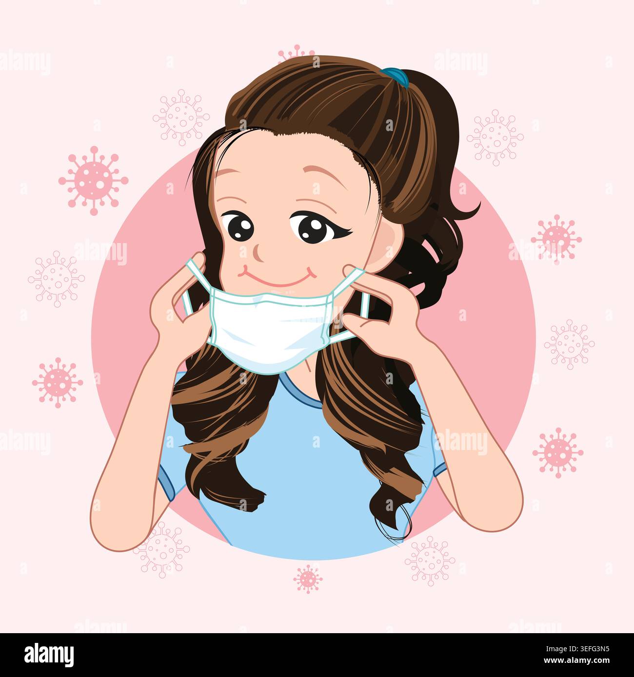 Ragazza carina che indossa la maschera medica per la protezione dei virus e l'illustrazione del cartone animato di assistenza sanitaria. Illustrazione Vettoriale