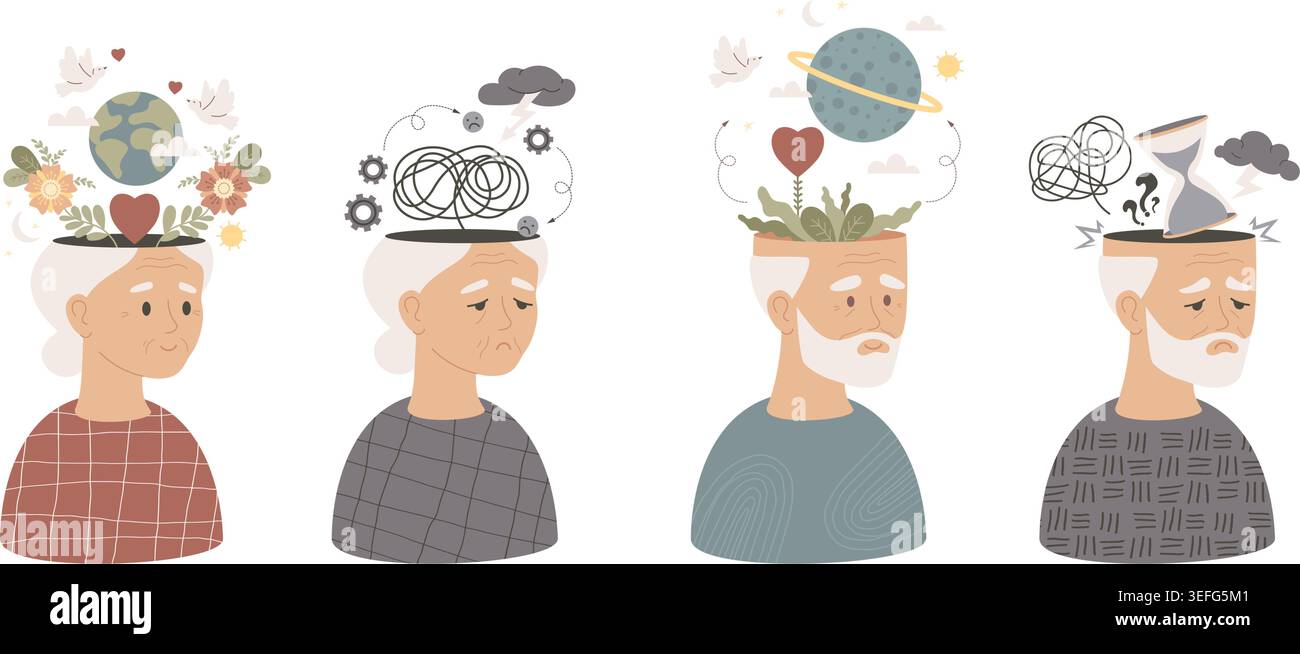 Salute mentale senior. Benessere emotivo impostato. Anziani con stati diversi - Fiori in fiore, pianeta, nuvole di tempesta e clessidra. Ill vettoriale Illustrazione Vettoriale