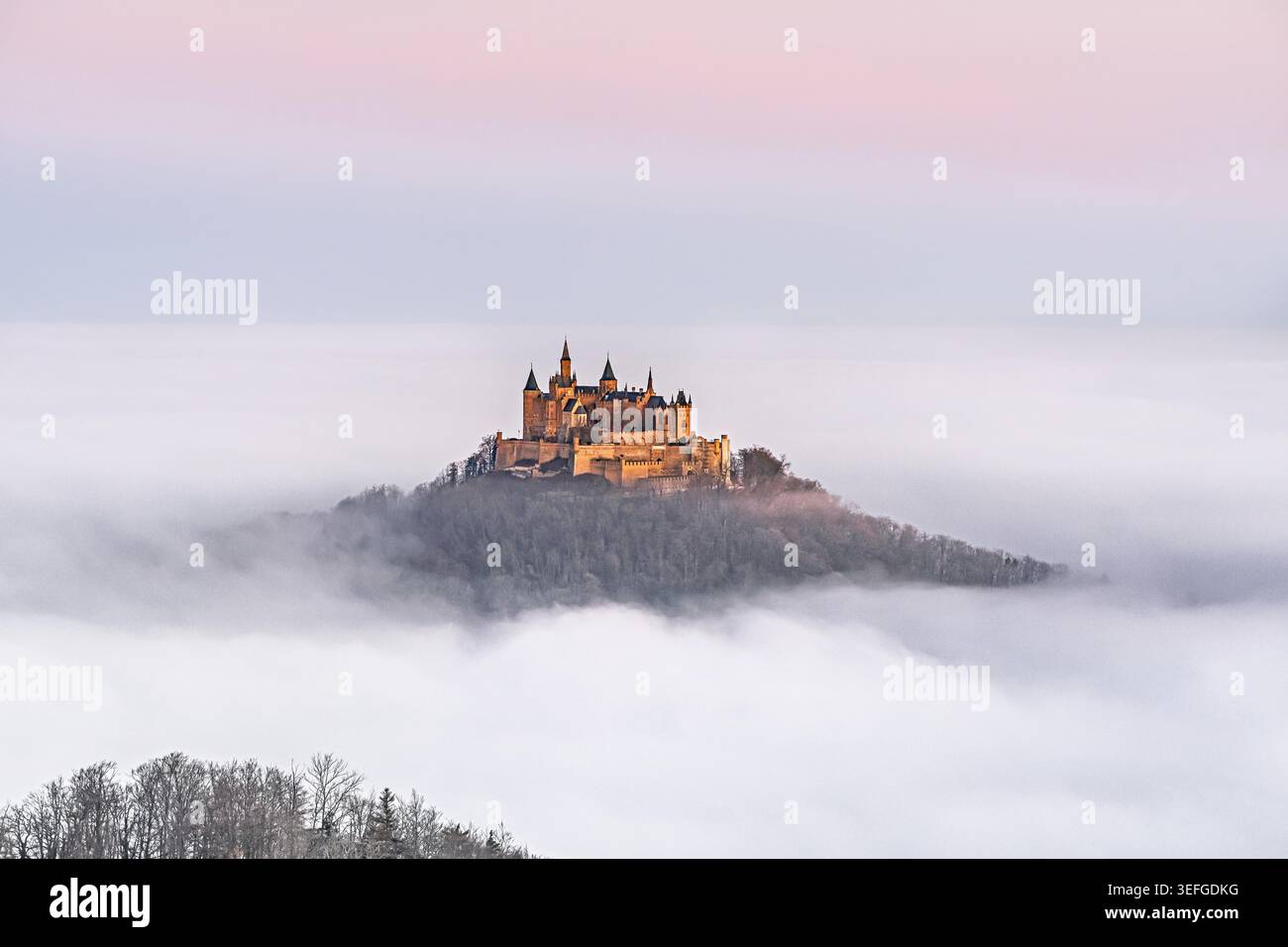 La vista del castello di Hohenzollern che emerge dalla nebbia dal Corno Zeller è spettacolare. Foto Stock