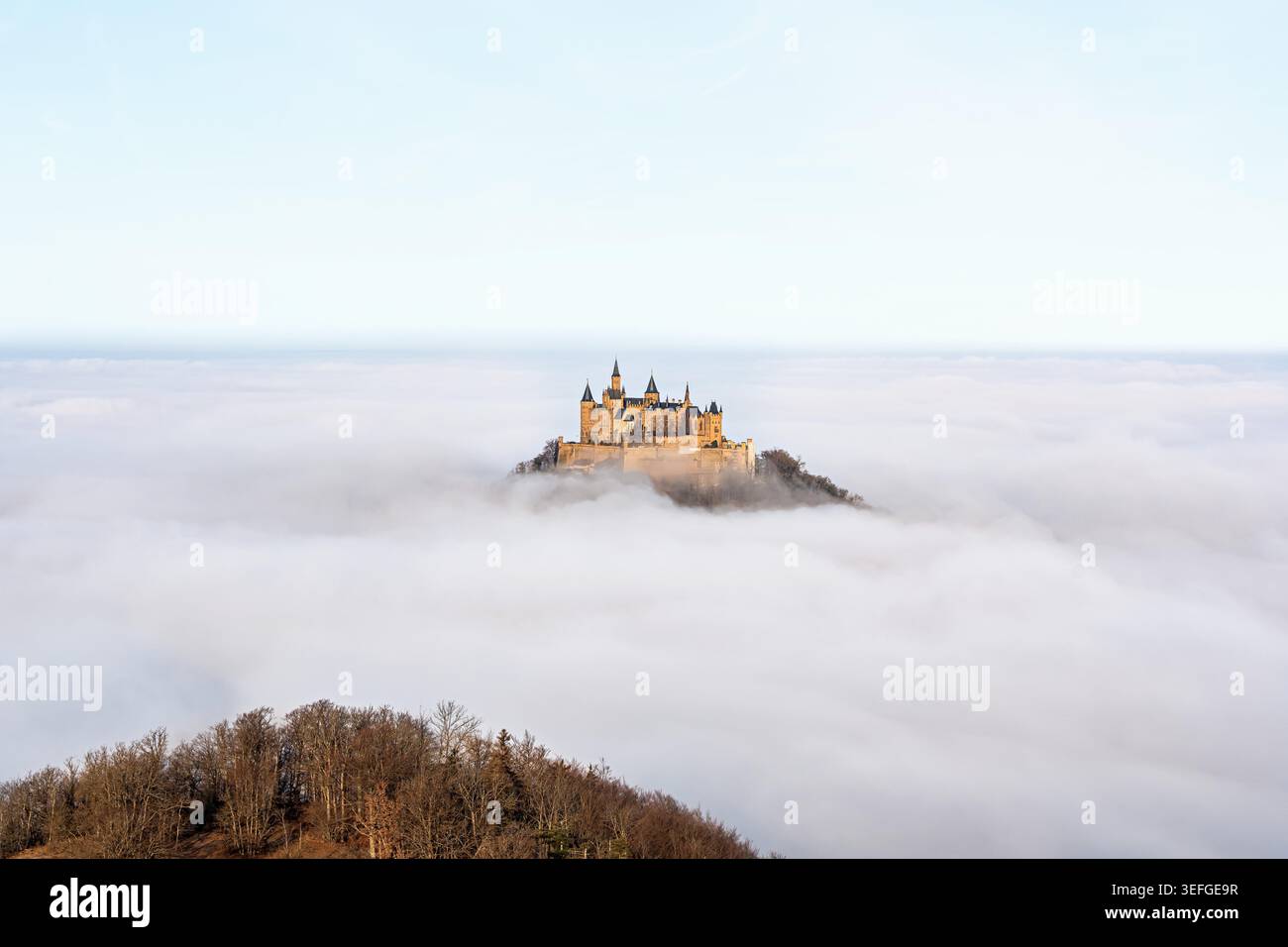 La vista del castello di Hohenzollern che emerge dalla nebbia dal Corno Zeller è spettacolare. Foto Stock