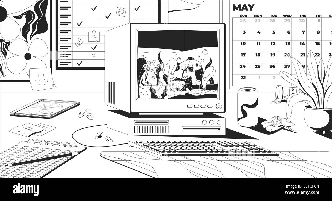 Illustrazione della linea lo fi della scrivania dell'acquario con computer retrò Illustrazione Vettoriale