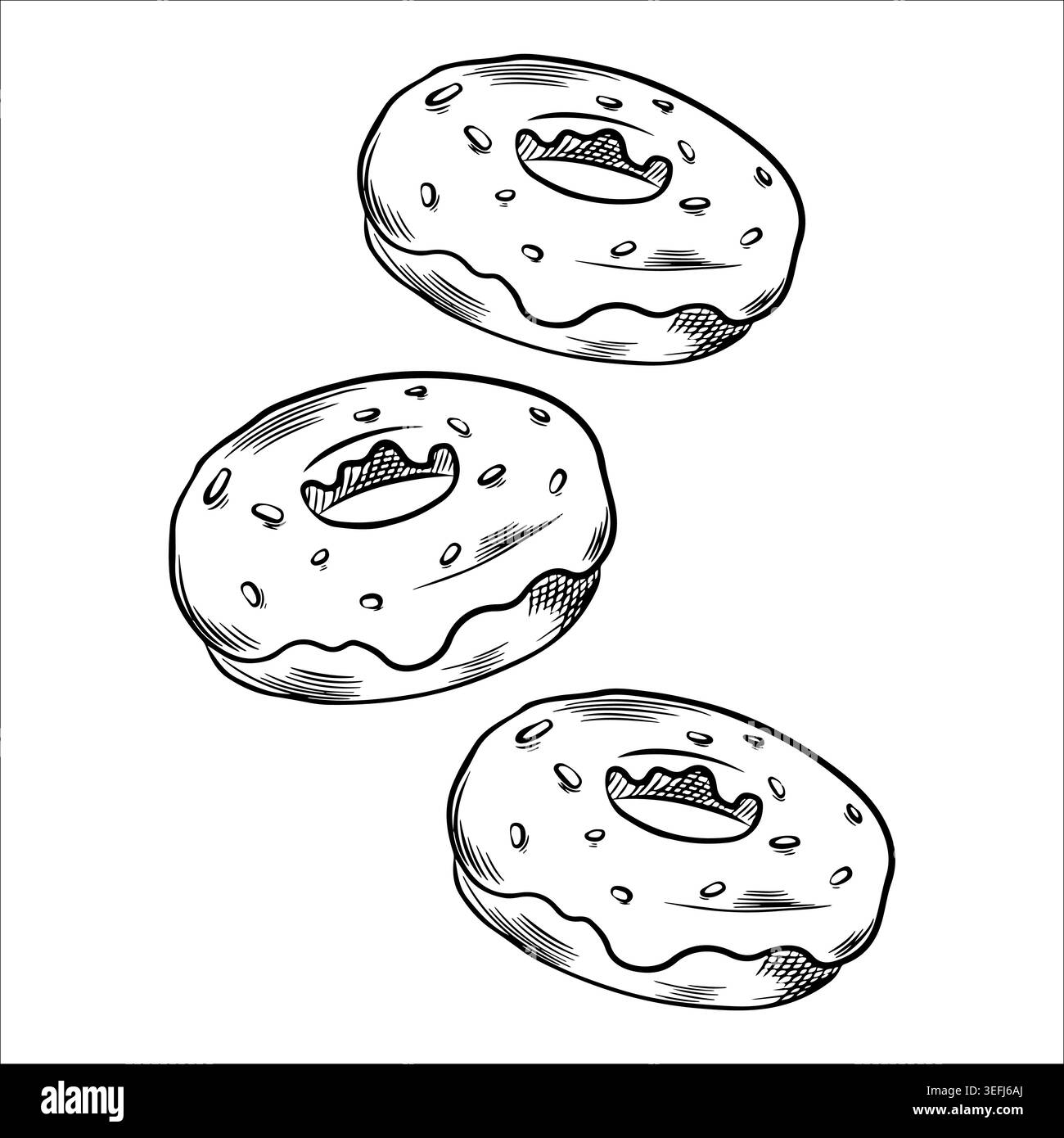Composizione con dolci vettoriali, ciambelle. Ciambella, dolce, torta per menu, arredamento, elementi. Illustrazione Vettoriale