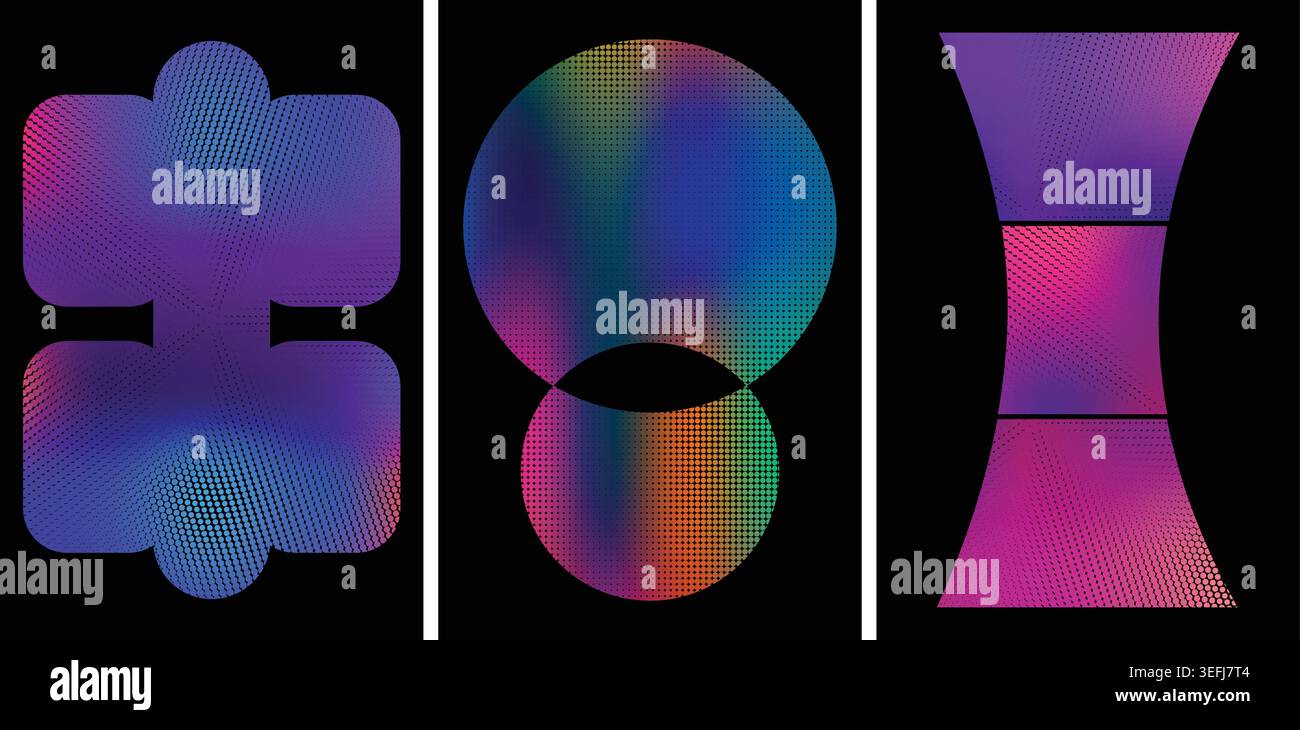 Vivaci forme geometriche colorate su sfondo nero con effetto gradiente Illustrazione Vettoriale