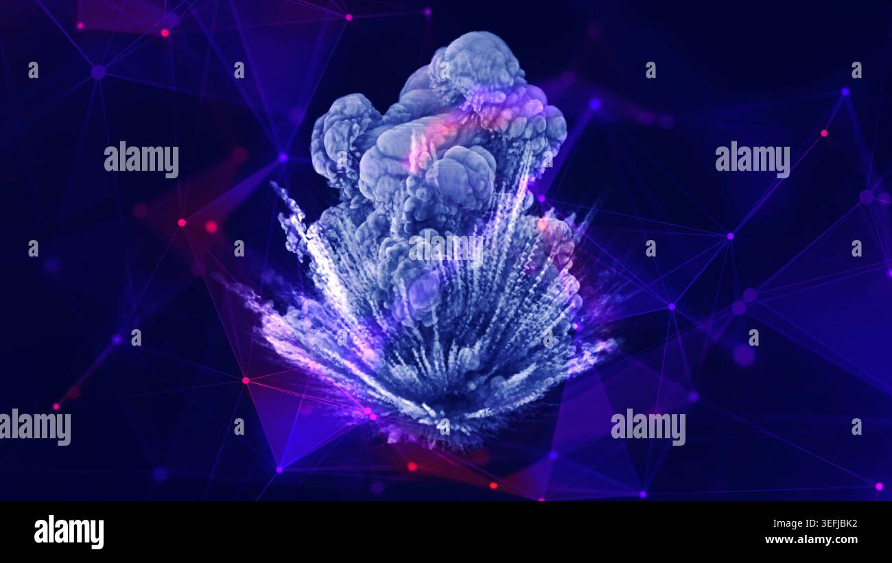 Enorme esplosione nucleare, sovrapposta alla rete digitale del plesso. Foto Stock
