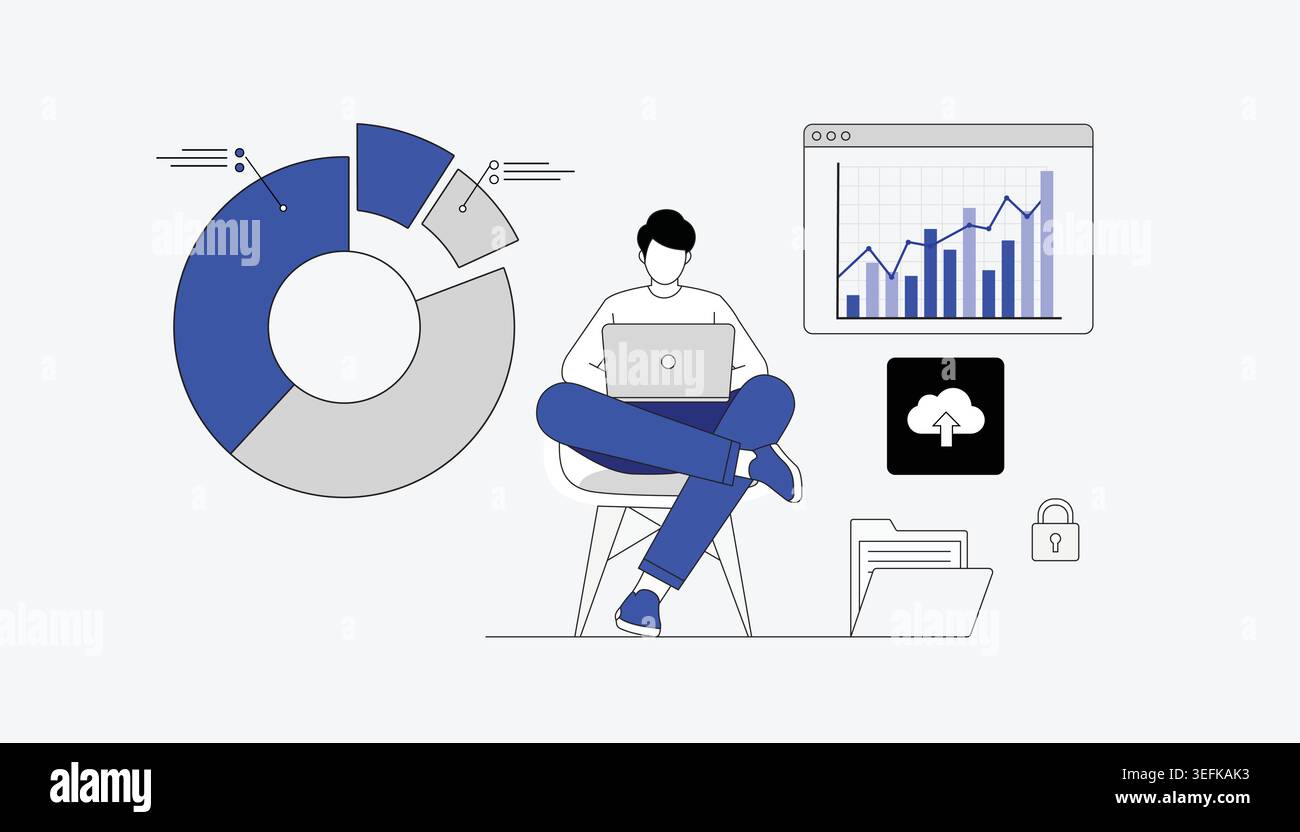 Uomo d'affari moderno che lavora su notebook con grafici di dati fluttuanti grafici a torta e illustrazione vettoriale di sicurezza del cloud computing Illustrazione Vettoriale