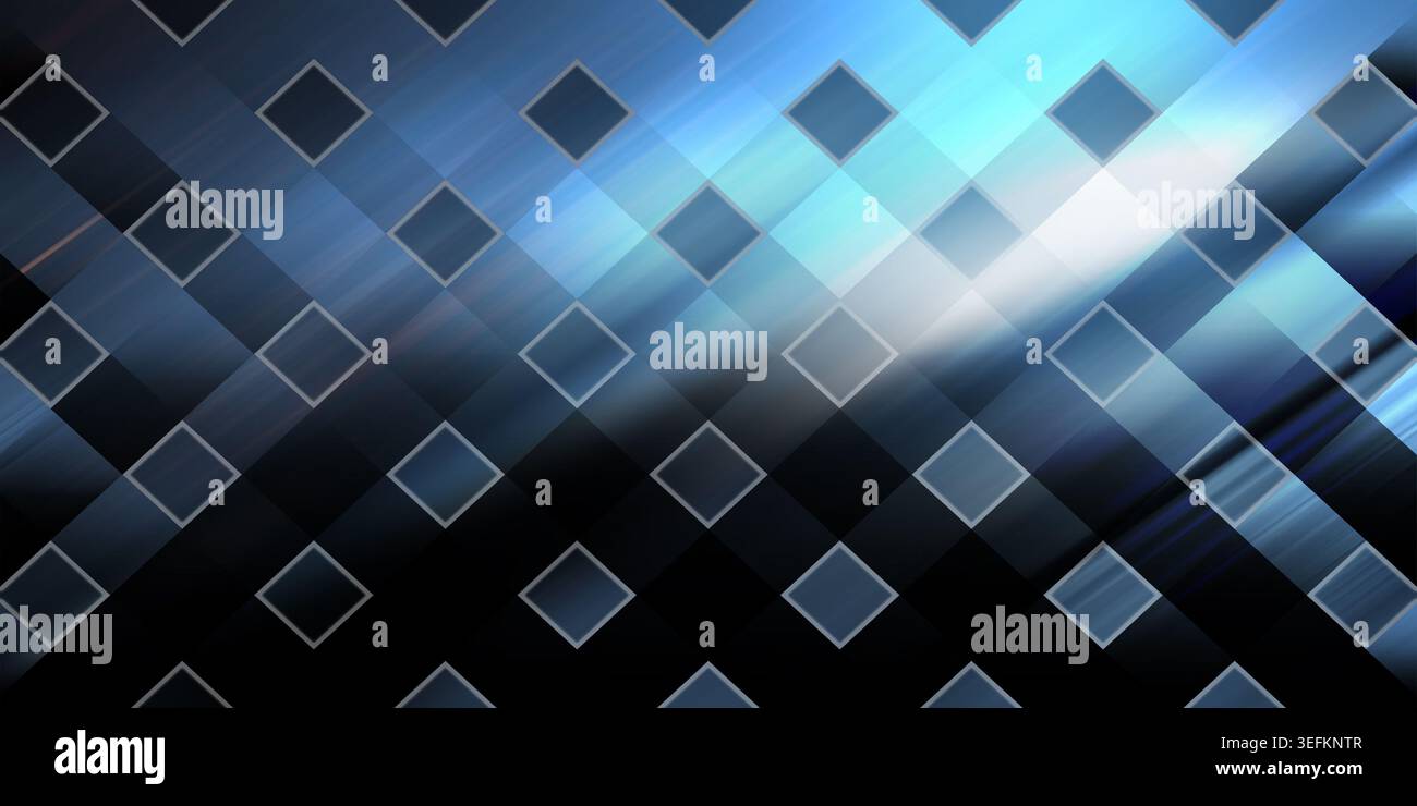 Questa immagine presenta uno sfondo astratto dinamico con un motivo di quadrati in tonalità blu e nero, sovrapposti a un effetto luminoso che aggiunge profondità Foto Stock
