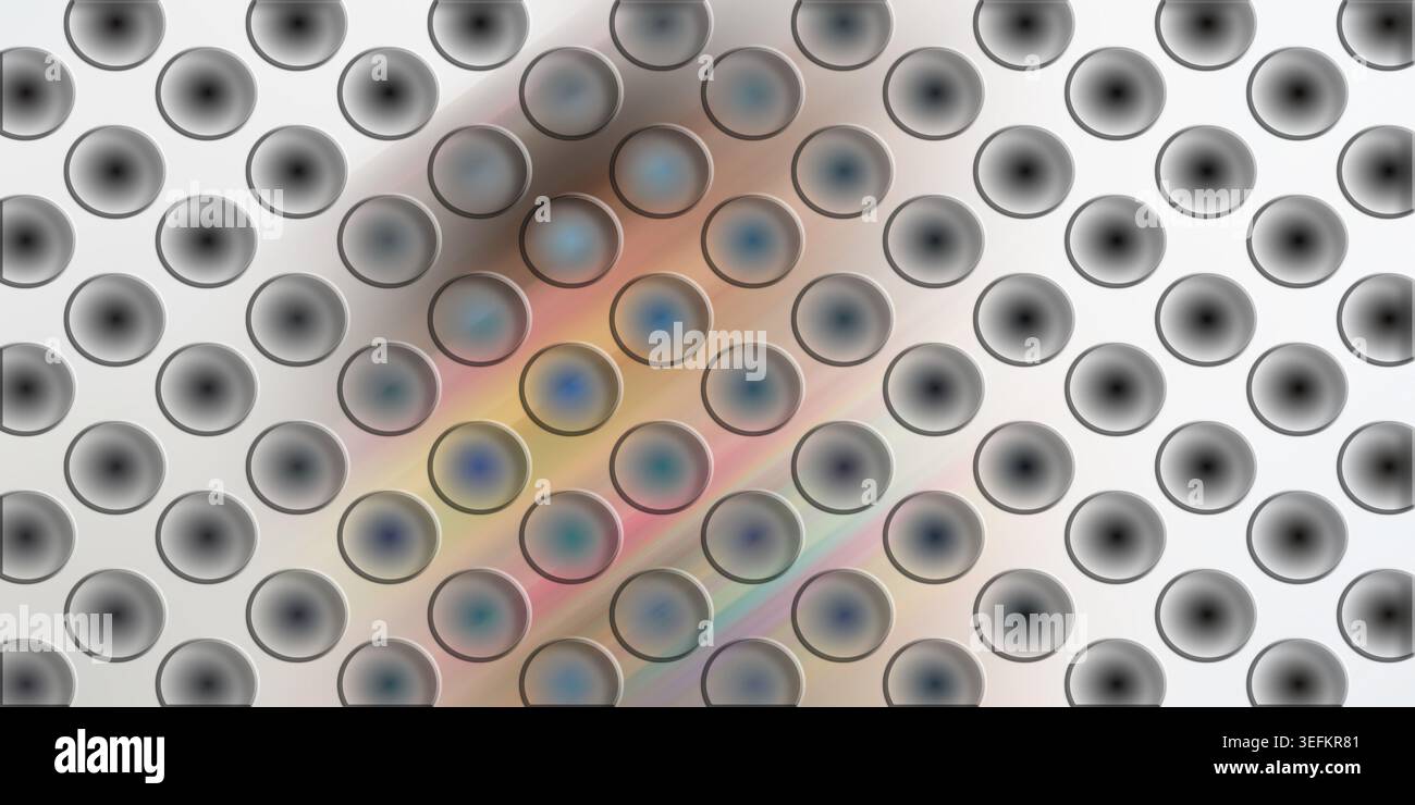 Uno sfondo astratto high-tech caratterizzato da un pattern ripetuto di sfere metalliche circolari con sfumature sottili e strisce di luce morbide e colorate. Foto Stock