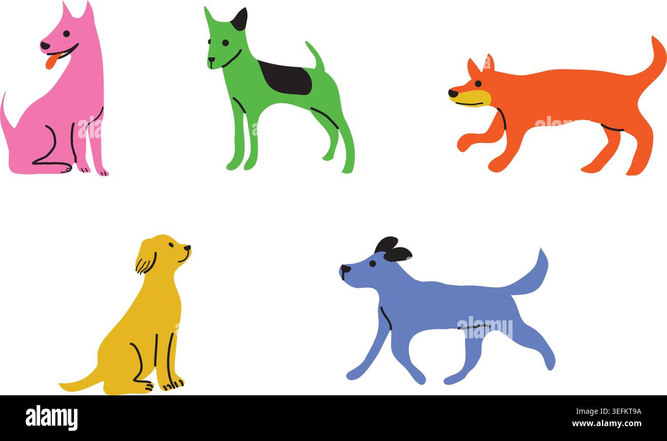Una collezione di simpatiche icone dei cani in un design vivace, fantasioso e piatto. Adorabile assortimento di cuccioli e vari cani domestici che giocano. Illustrazione Vettoriale