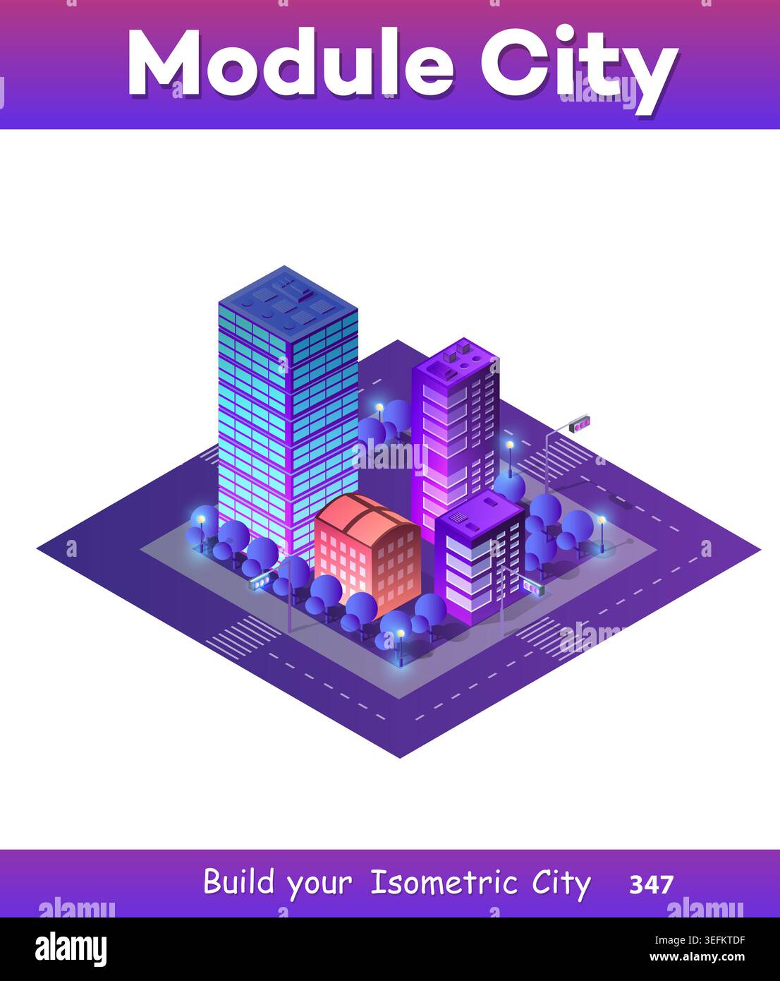 Ultra isometrica concetto di città di violetta stile, ad ultravioletto 3d design moderno di strada urbana di un grattacielo Foto Stock