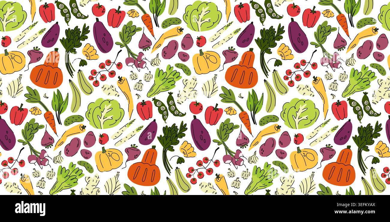 Succoso motivo estivo con verdure brillanti, stativo vegetale senza cuciture, cavolo, zucca, piselli, prodotti del mercato locale, mercato agricolo Illustrazione Vettoriale