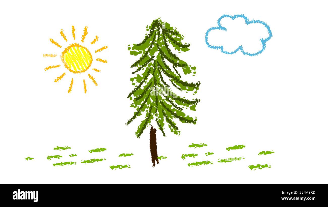 Disegno per bambini di un albero di Natale e del sole . Disegnato a mano. Non ai, illustrazione vettoriale. Illustrazione Vettoriale