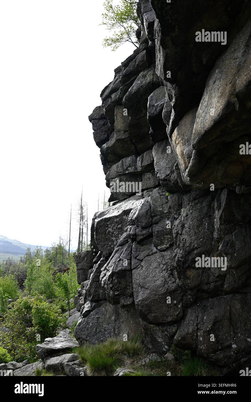 Famosa formazione rocciosa a Schierke, Harz National Park. Formazione rocciosa di Freeclimbing vicino a Feuerstein-Klippe vicino a Schierke. Foto Stock