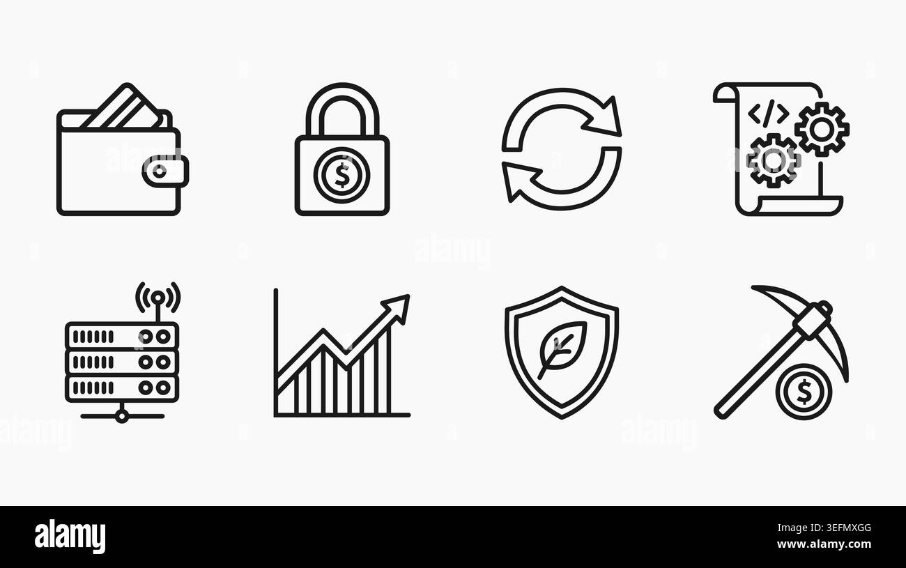 Una serie di icone che rappresentano criptovaluta, tecnologia blockchain, finanza digitale, mining, contratti intelligenti, e transazioni sicure. Illustrazione Vettoriale