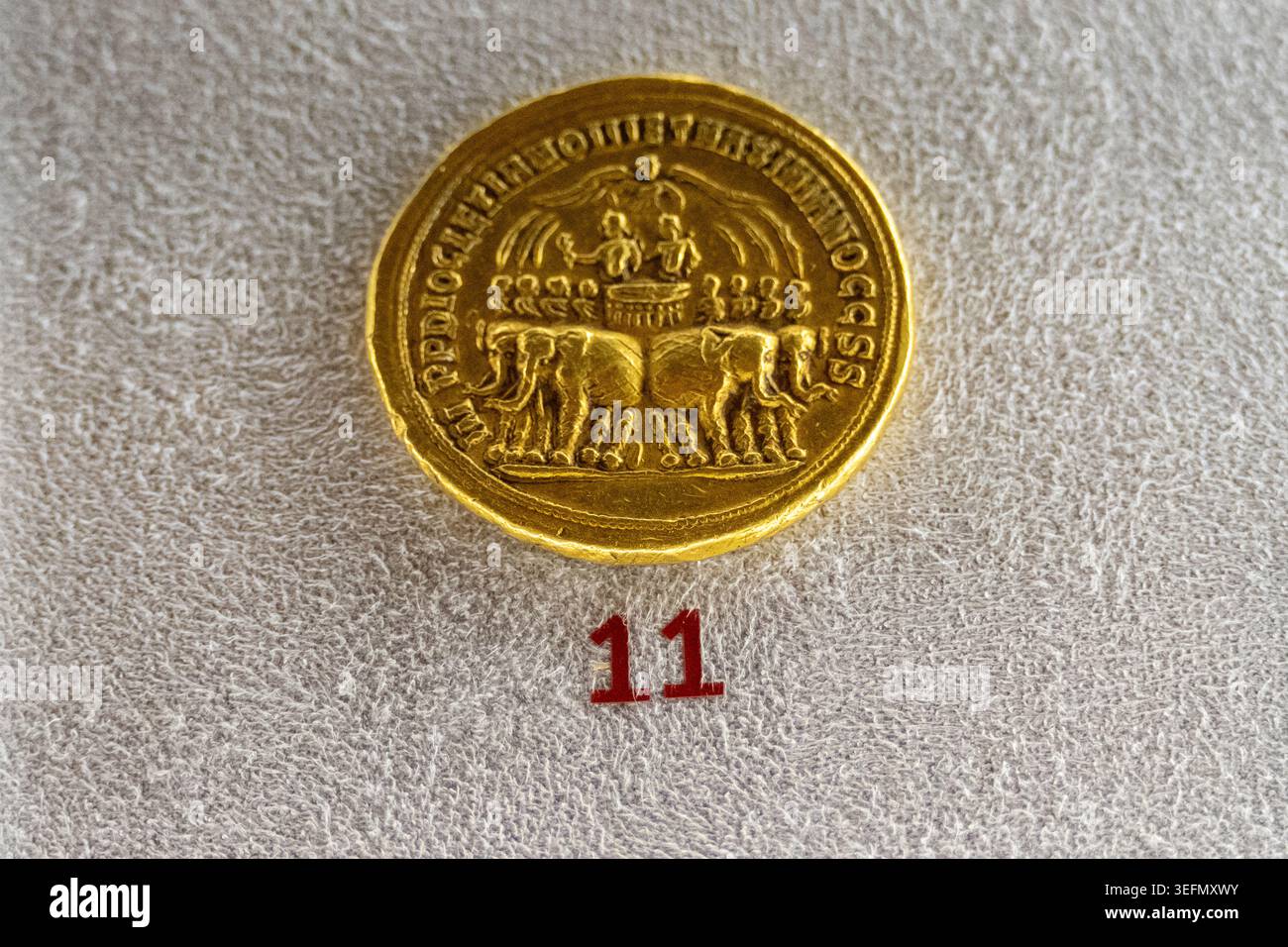 Firenze, Italia - 17 settembre 24: Macro fotografia di un'antica moneta d'oro con un motivo di elefante in una mostra numismatica museale a Firenze, Toscana, Foto Stock