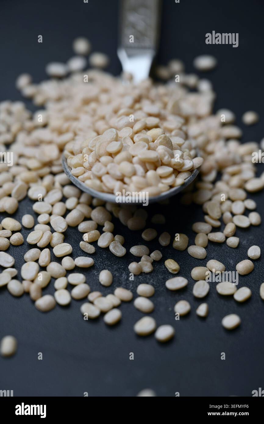 Split Urad dal in Spoon, Macro cibo Angled Top View su sfondi scuri defocati con illuminazione spettacolare Foto Stock