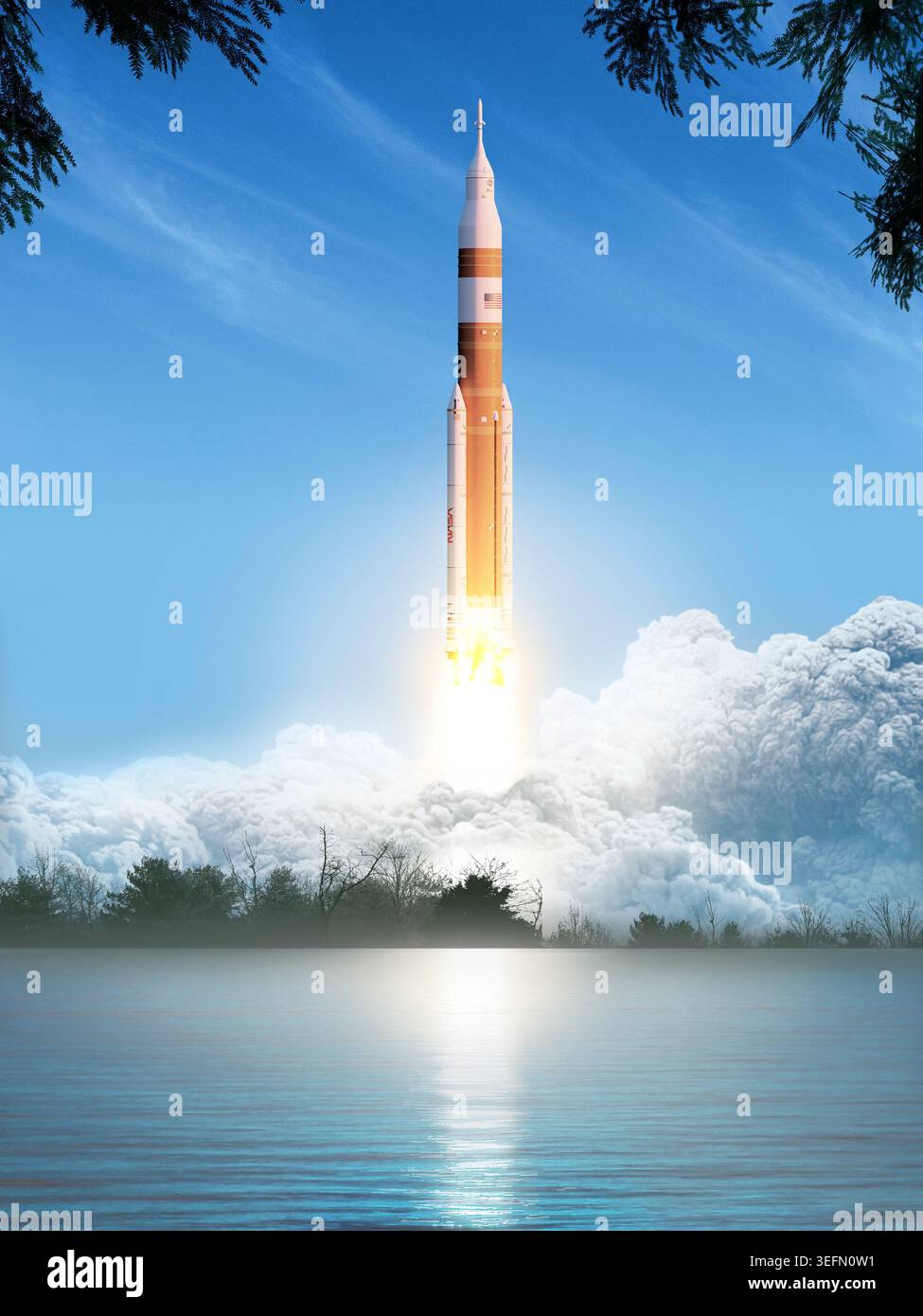 Illustrazione del razzo Space Launch System (SLS) della NASA che si solleva da una rampa di lancio. Questa è la configurazione del blocco 1. Questa iterazione è stata utilizzata per Artemis i, il primo test integrato della navicella SLS e Orion (in cima alla SLS), che è stata lanciata con successo il 16 novembre 2022. Il test era in preparazione per le successive missioni Artemis con equipaggio, con l'obiettivo di ristabilire la presenza umana sulla Luna, e infine facilitare le missioni su Marte. Foto Stock