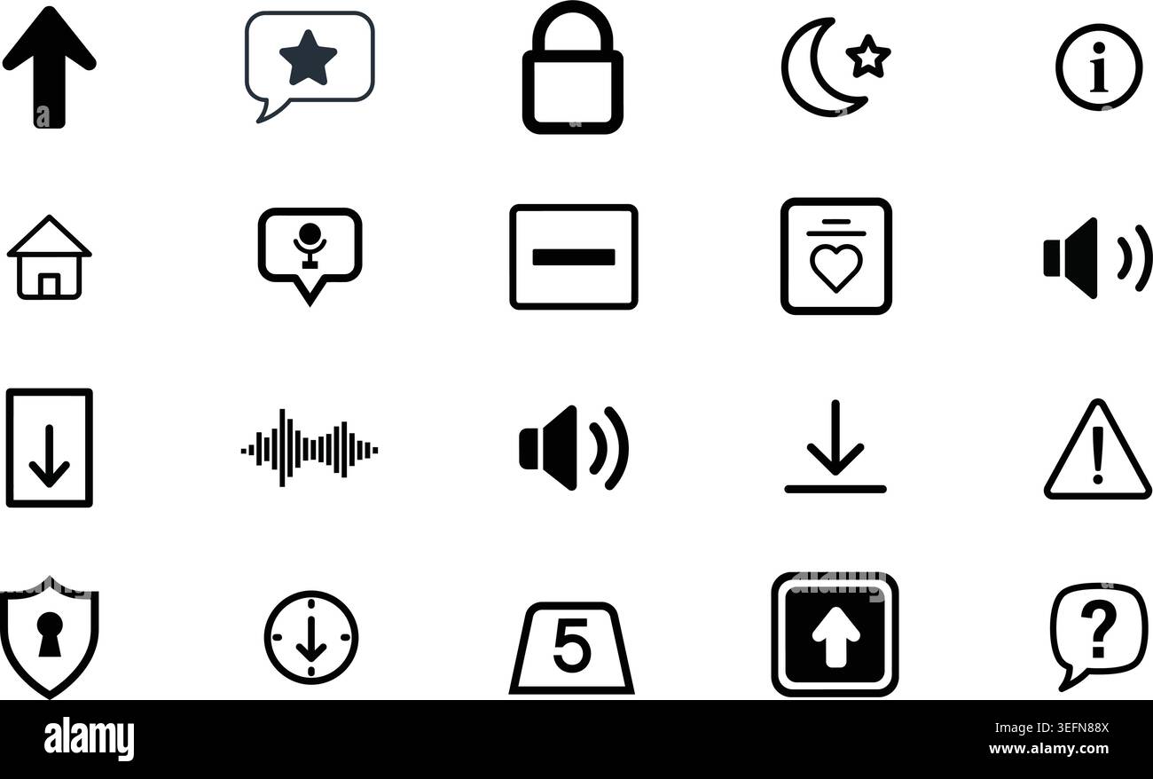 Set completo di icone delineate, tra cui frecce di navigazione, indicatori di stato, simboli di sicurezza e comandi multimediali, adatto per le interfacce Web, Illustrazione Vettoriale