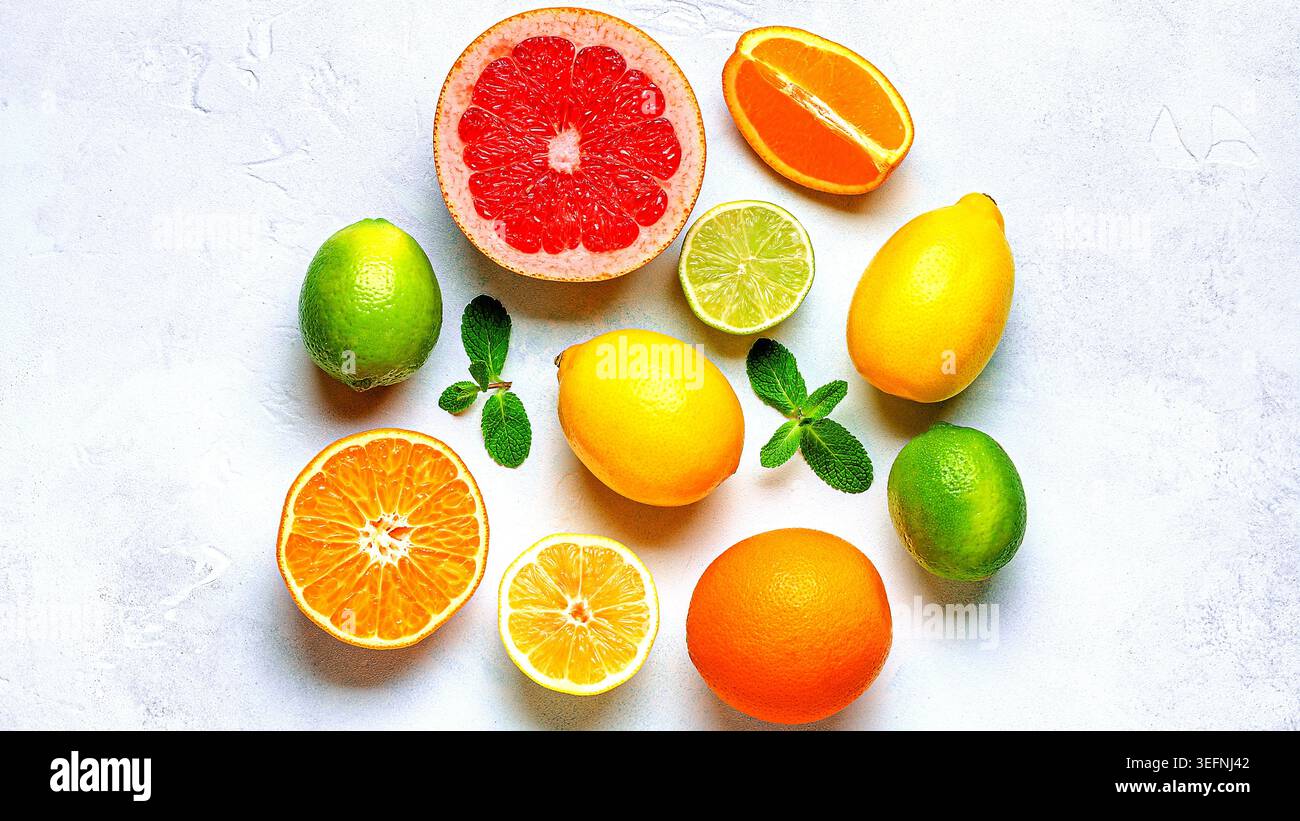 Limone fresco, arancia, pompelmo, lime, foglie verdi su sfondo chiaro, vista dall'alto. Succo di agrumi, vitamina C, frutta. Foto Stock