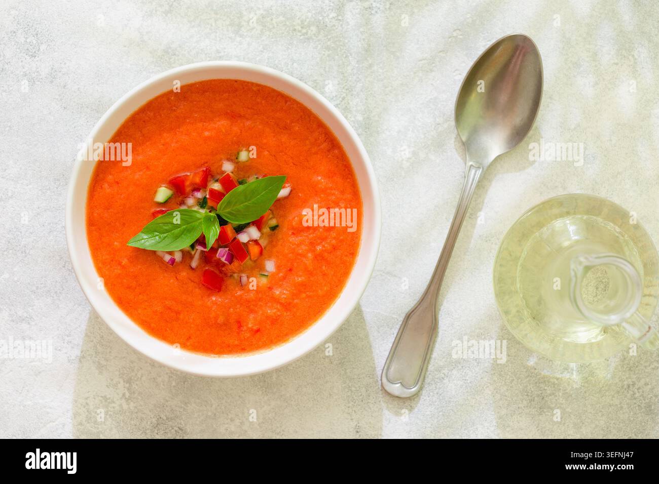 Zuppa di gazpacho. Tradizionale zuppa di pomodoro fredda spagnola di verdure fresche crude, vista dall'alto. Foto Stock