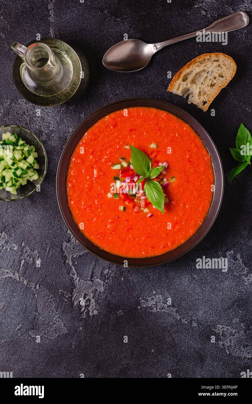 Zuppa di gazpacho. Tradizionale zuppa di pomodoro fredda spagnola di verdure fresche crude, vista dall'alto. Foto Stock