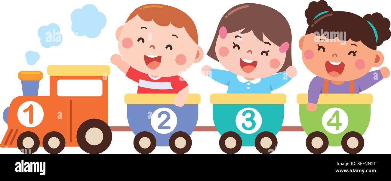 Bambini carini in sella a un treno numerato in vettore di cartoni animati – Concetto educativo per bambini che imparano i numeri da 1 a 4 Illustrazione Vettoriale